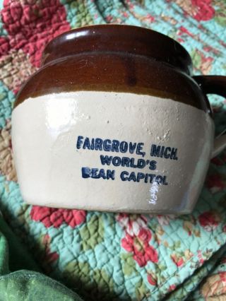 Vintage Antique Glazed Stoneware Bean Pot Fairgrove Mich Mi Worlds Bean Capitol