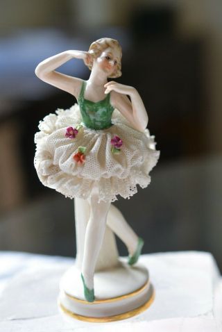 Vtg Germany Porcelain Dresden Ballerina Figurine With Lace Flowers Crown Mark