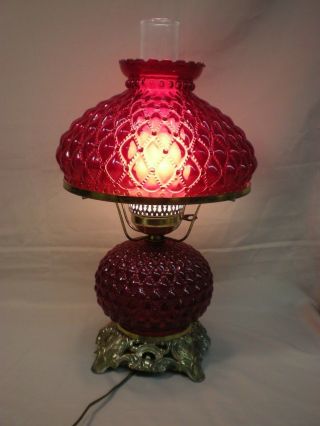 Antique Ruby Red Quilted Beaded Diamond Pattern 3 - Way Parlor Lamp