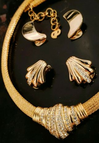Vintage Christian Dior Gold Tone Clear Rhinestone Demi Parure Choker Earrings