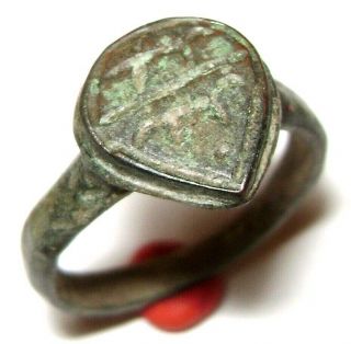 Ancient Vikings Age Bronze Finger Ring With Ornament.
