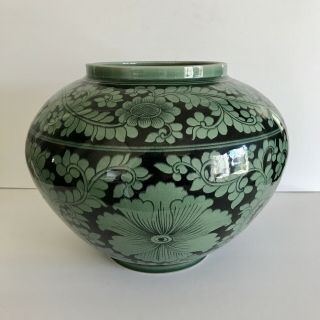 Vtg Maitland Smith Huge Green Asian Style Squat Vase Hand Made Centerpiece