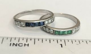 Antique 10k White Gold Art Deco Diamond Emerald Sapphire Stack Rings
