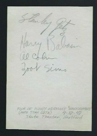 Stan Getz Signed Vintage Album Page Jazz Sax Played With Woody Herman