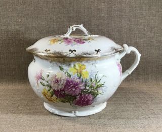 Antique Victorian Ironstone Floral Gilded Chamber Pot With Lid