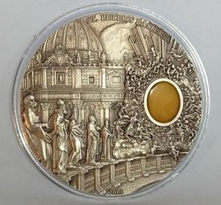 Palau 2013 10$ St.  Peters Basilica - Mineral Art Amber 2 Oz Antique Silver Coin