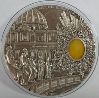 Palau 2013 10$ ST.  PETERS BASILICA - Mineral Art Amber 2 oz Antique Silver Coin 3