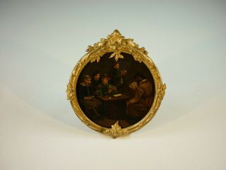 Fine Antique Georgian Miniature Oil ' The Card Players ' Signed in Gilt Frame 6