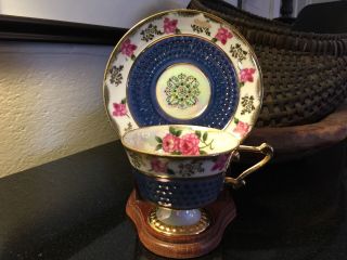 Vintage Fan Crest 2722 Blue & Floral Iridescent Cup & Saucer Lusterware