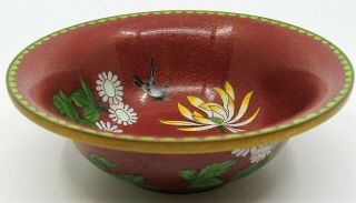 Vtg Cloisonne Red 6” Bowl Bird Flowers Peoples Republic China Sticker