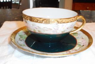 Antique Green And Gold With Pink Roses Tea Cup And Saucer - German