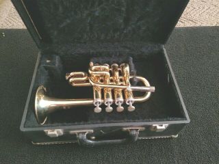Vintage Getzen Four Valve Piccolo Trumpet In Brass Lacquer W Hard Case