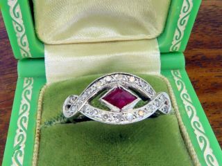 Vintage Palladium Antique Art Deco 1920s Filigree Emerald Cut Ruby Diamond Ring