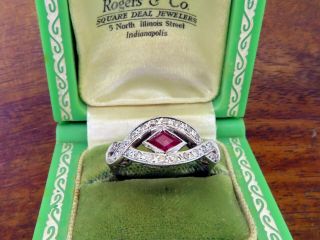 Vintage palladium ANTIQUE ART DECO 1920s FILIGREE EMERALD CUT RUBY DIAMOND ring 2