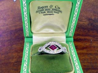Vintage palladium ANTIQUE ART DECO 1920s FILIGREE EMERALD CUT RUBY DIAMOND ring 3