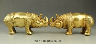 A pair Chinese old fengshui copper hand - carved rhinoceros Rhino statue e02 2