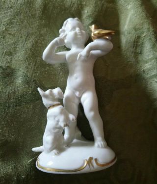 Antique Carl Scheidig Germany Porcelain Boy Scottish Terrier Dog Dove Gold Gilt