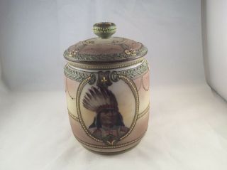Antique Or Vintage Tobacco Jar Or Humidor & Lid W/ Indian,  Nippon (green Mark)