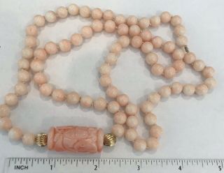 Vintage Pink Angel Skin Carved Coral 14k Gold Bead Necklace 67g 8mm