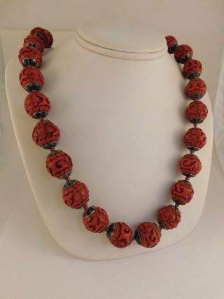 Cinnabar Cloisonne Bead Beaded Necklace Carved Hand Knotted Vintage Artisan 31 "