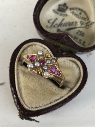 Victorian Antique Yellow Gold Crossover Ruby And Pearl Set Pretty Ring