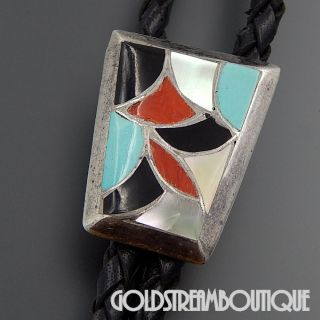 Vintage Zuni Sterling Silver Multi Gemstone Mosaic Inlay Trapezoid Bolo Tie Cord