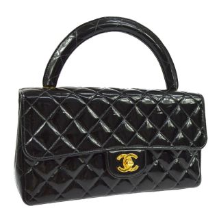 Authentic Chanel Quilted Cc Logos Hand Bag Black Patent Leather Vintage O02094g