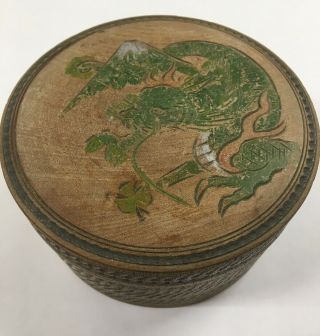Vtg Round Wood Japanese Box Dragon At Mt Fuji Pyrography Painted Hand Crafted