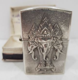 Vintage Siam Sterling Silver Lighter Erawan 3 Headed Elephant / Box