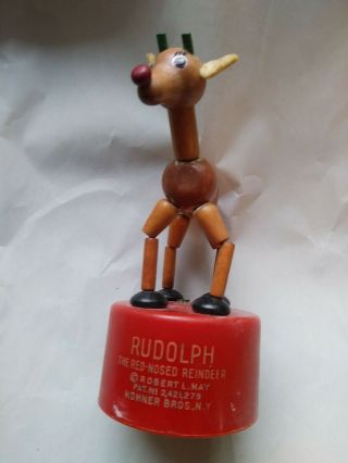 VINTAGE RUDOLPH THE RED NOSE REINDEER PUSH UP BUTTON PUPPET KOHNER BROS NY 2