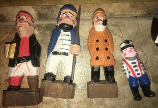 Set Of 4 Handcarved Wooden Nautical Figures - Pirate,  Fisherman,  Captain Etc.