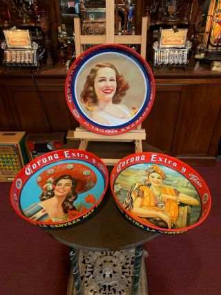 Vintage Set Of 3 Corona Beer Serving Trays " Watch Our Video "