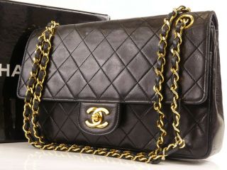 Rk1407 Auth Chanel Vintage Black Quilted Lambskin Double Flap Chain Shoulder Bag