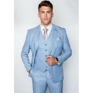 Mens Cavani Light Blue Check Vintage Tailored Fit Wedding Party 3 Piece Suit