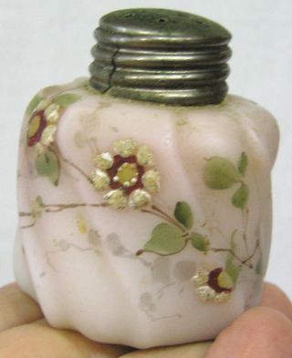 Vintage Satin Glass Salt Shaker Hand Painted Flowers Swirled Ribbing Pink 1920s
