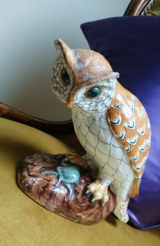 Very Rare Antique French Henriot Quimper Faience Owl & Mouse Prey C.  1930