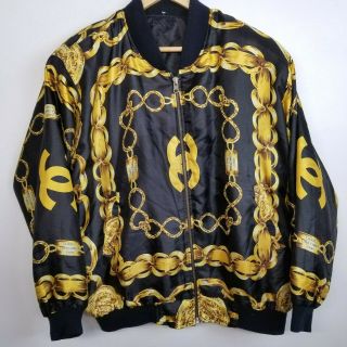 90s Vintage Rare Chanel Logo Chains Gold Bomber Jacket L