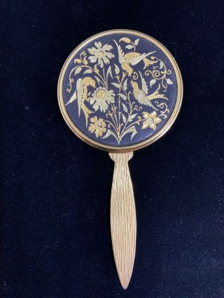 Vintage Damascene Gold Tone Bird Flower Hand Mirror Rare