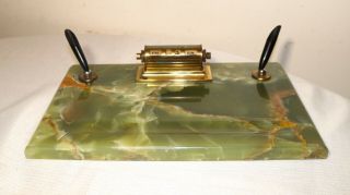 Large Vintage Solid Green Onyx Stone Brass Desk Set Pen Holder Calendar Caddy