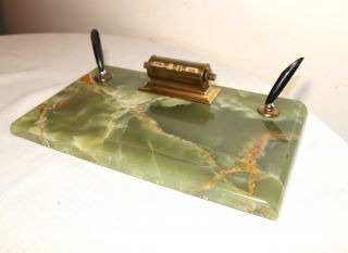 LARGE vintage solid green onyx stone brass desk set pen holder calendar caddy 2
