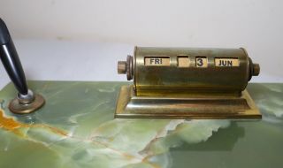 LARGE vintage solid green onyx stone brass desk set pen holder calendar caddy 3