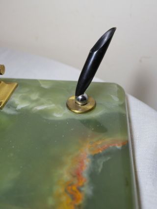 LARGE vintage solid green onyx stone brass desk set pen holder calendar caddy 4