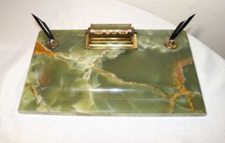 LARGE vintage solid green onyx stone brass desk set pen holder calendar caddy 6