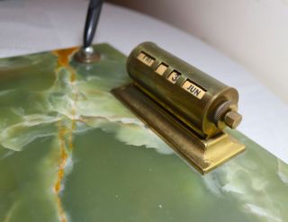 LARGE vintage solid green onyx stone brass desk set pen holder calendar caddy 8