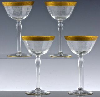 V.  Set Of 4 Elegant Depression Glass Gold Rim Champagne Glasses 6 - 3/8 Inches