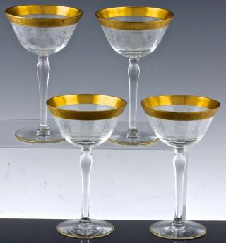 V.  SET OF 4 ELEGANT DEPRESSION GLASS GOLD RIM CHAMPAGNE GLASSES 6 - 3/8 INCHES 2