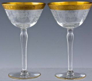 V.  SET OF 4 ELEGANT DEPRESSION GLASS GOLD RIM CHAMPAGNE GLASSES 6 - 3/8 INCHES 4