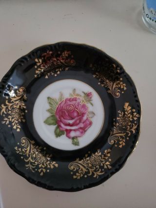 Royal Halsey Very Fine Saucer Black And Gold With Pink Rose.