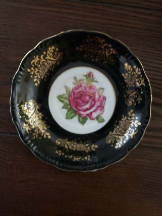 Royal Halsey Very Fine saucer black and gold with pink rose. 2
