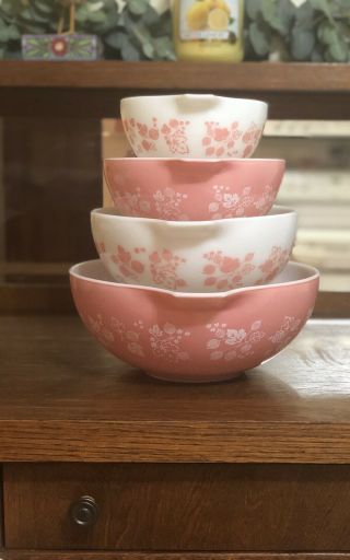 Vintage Pyrex Cinderella Nesting Bowl Set 440 - 18 Pink Gooseberry - Set 8